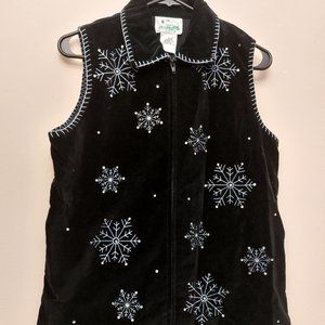 Quacker Factory Black Velvet Vest with Blue Snowflakes - EUC - Winter Holidays